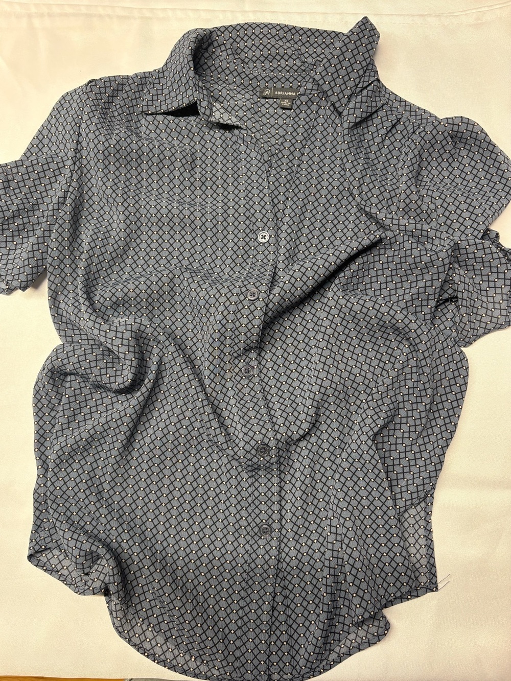 Adrianna Papell Sheer Navy Geometric Pattern Puff Sleeve Blouse